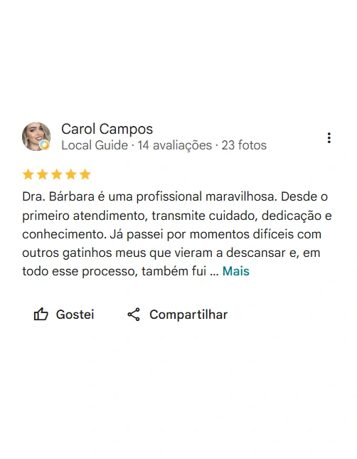Avaliação 5 estrelas de Carol Campos no Google sobre a Dra. Bárbara Borges