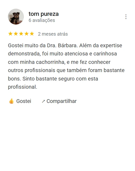 Avaliação 5 estrelas de tom pureza no Google sobre a Dra. Bárbara Borges